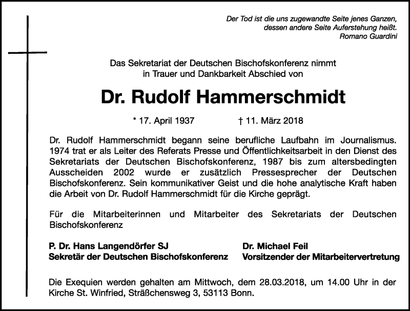  Traueranzeige für Rudolf Hammerschmidt vom 17.03.2018 aus General-Anzeiger Bonn