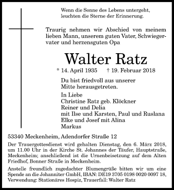 Anzeige von Walter Ratz von General-Anzeiger Bonn