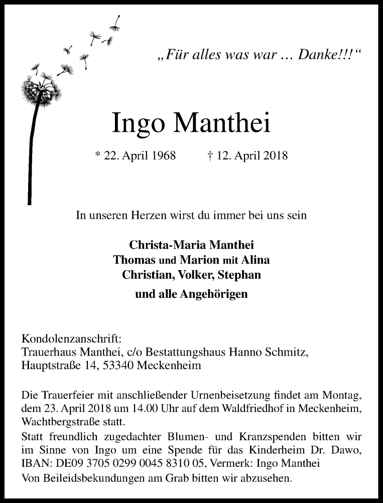  Traueranzeige für Ingo Manthei vom 18.04.2018 aus General-Anzeiger Bonn