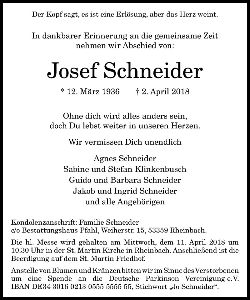 Traueranzeigen Von Josef Schneider Ga Trauer De