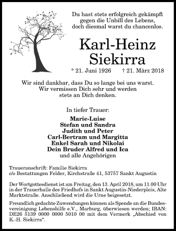 Anzeige von Karl-Heinz Siekirra von General-Anzeiger Bonn
