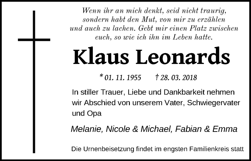  Traueranzeige für Klaus Leonards vom 07.04.2018 aus General-Anzeiger Bonn