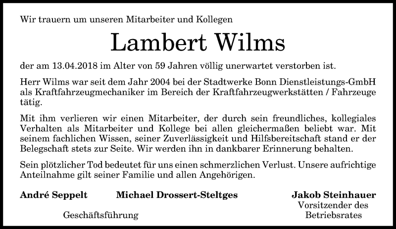  Traueranzeige für Lambert Wilms vom 21.04.2018 aus General-Anzeiger Bonn