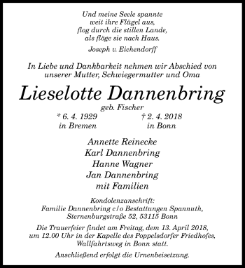 Anzeige von Lieselotte Dannenbring von General-Anzeiger Bonn