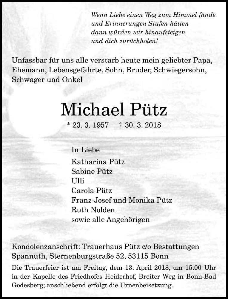  Traueranzeige für Michael Pütz vom 07.04.2018 aus General-Anzeiger Bonn