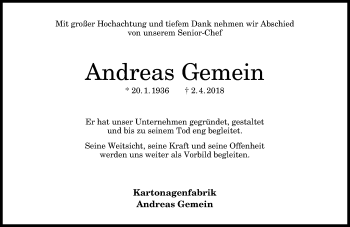 Anzeige von Andreas Gemein von General-Anzeiger Bonn