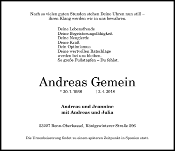 Anzeige von Andreas Gemein von General-Anzeiger Bonn