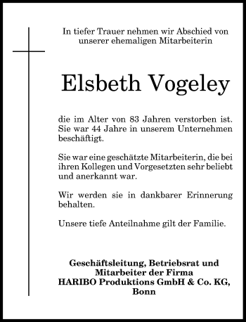Anzeige von Elsbeth Vogeley von General-Anzeiger Bonn