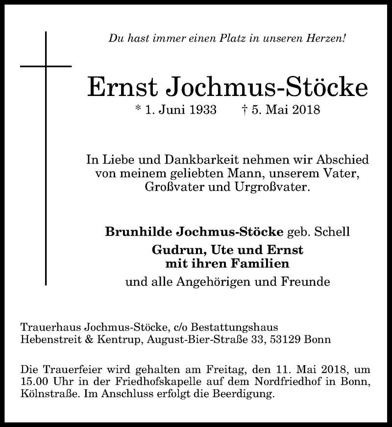  Traueranzeige für Ernst Jochmus-Stöcke vom 09.05.2018 aus General-Anzeiger Bonn
