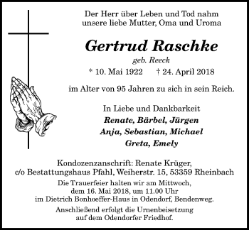 Anzeige von Gertrud Raschke von General-Anzeiger Bonn