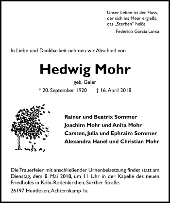 Anzeige von Hedwig Mohr von General-Anzeiger Bonn