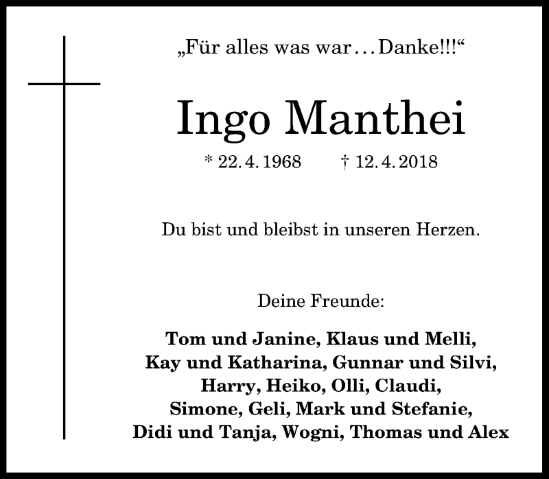  Traueranzeige für Ingo Manthei vom 14.04.2018 aus General-Anzeiger Bonn