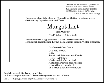 Anzeige von Margot List von General-Anzeiger Bonn