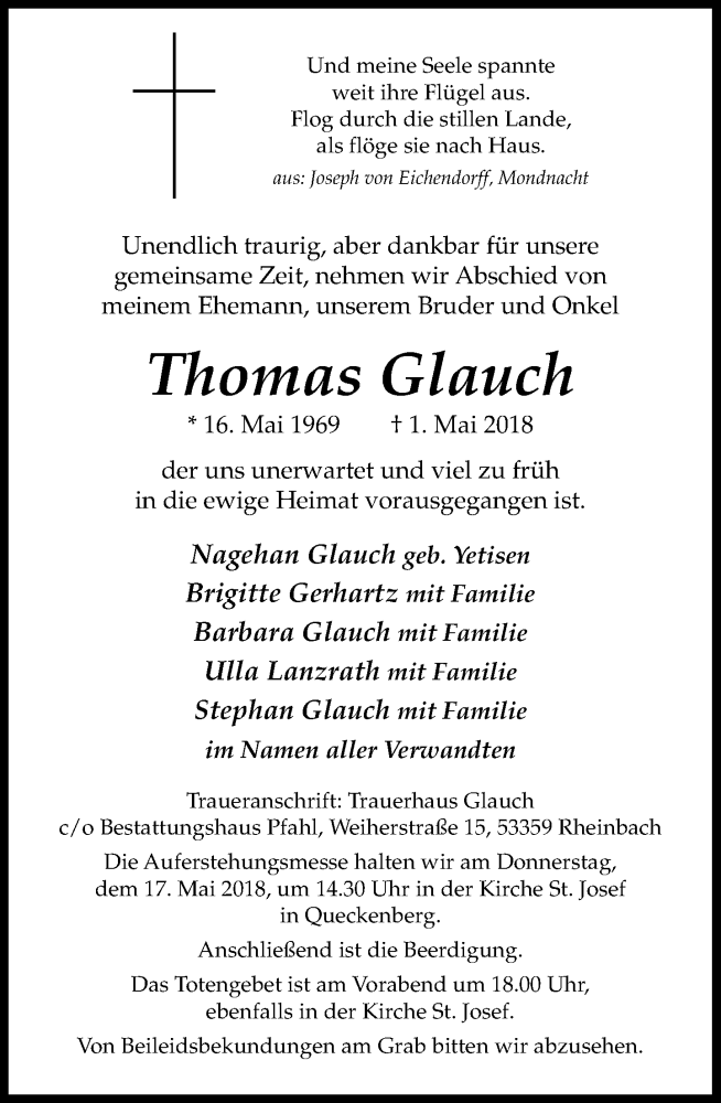  Traueranzeige für Thomas Glauch vom 12.05.2018 aus General-Anzeiger Bonn