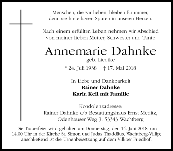 Anzeige von Annemarie Dahnke von General-Anzeiger Bonn