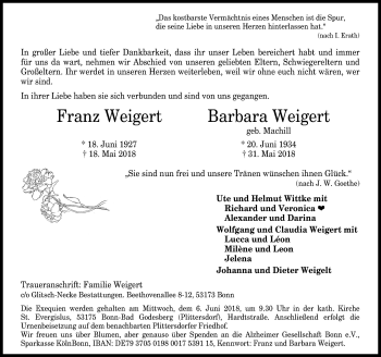 Anzeige von Franz  Weigert von General-Anzeiger Bonn