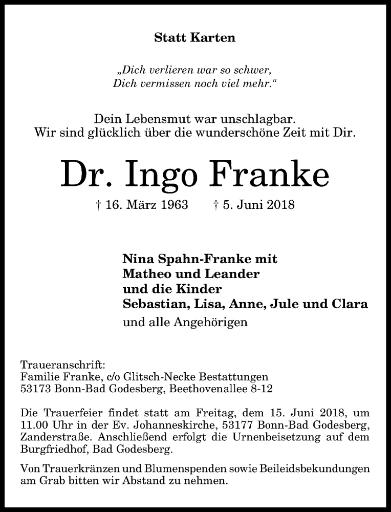 Traueranzeige für Ingo Franke vom 09.06.2018 aus General-Anzeiger Bonn