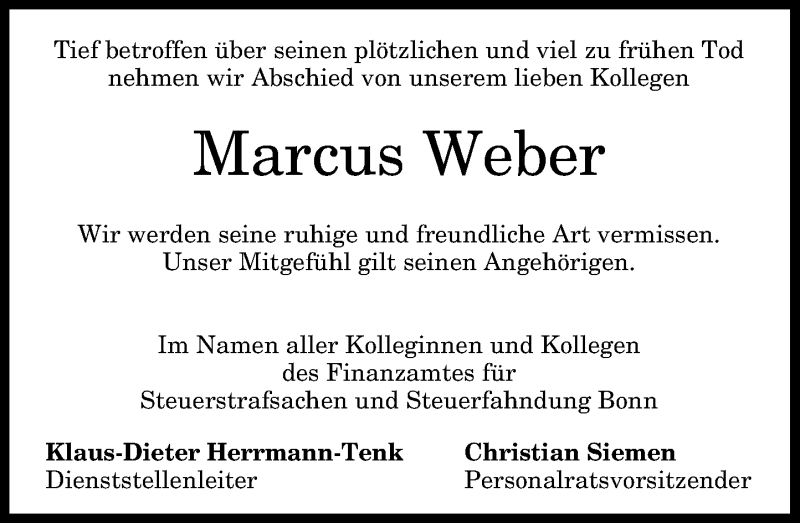  Traueranzeige für Marcus Weber vom 09.06.2018 aus General-Anzeiger Bonn