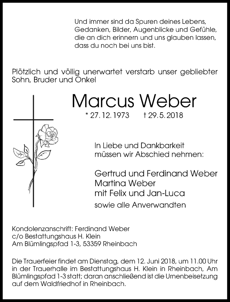  Traueranzeige für Marcus Weber vom 09.06.2018 aus General-Anzeiger Bonn