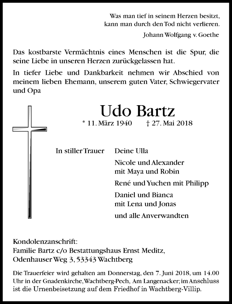  Traueranzeige für Udo Bartz vom 02.06.2018 aus General-Anzeiger Bonn