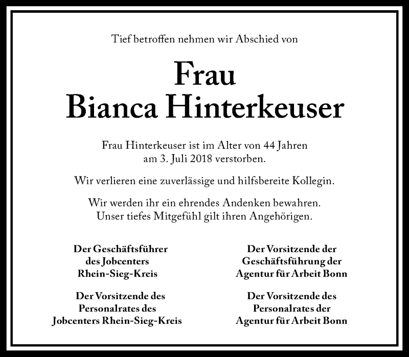  Traueranzeige für Bianca Hinterkeuser vom 14.07.2018 aus General-Anzeiger Bonn