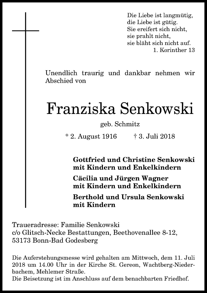  Traueranzeige für FFranziska Senkowski vom 07.07.2018 aus General-Anzeiger Bonn