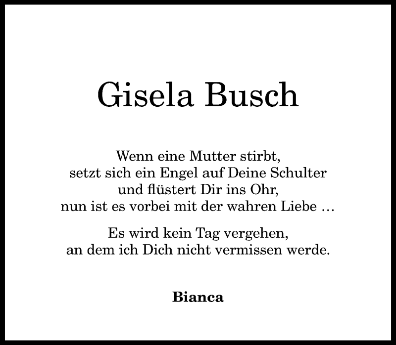  Traueranzeige für Gisela Busch vom 07.07.2018 aus General-Anzeiger Bonn