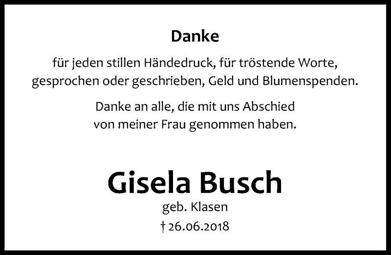 Traueranzeige für Gisela Busch vom 18.08.2018 aus General-Anzeiger Bonn