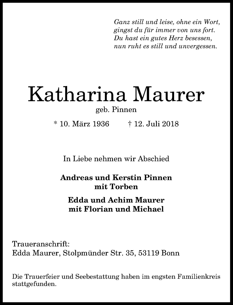  Traueranzeige für Katharina Maurer vom 01.09.2018 aus General-Anzeiger Bonn