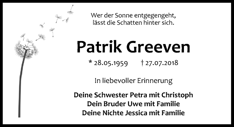  Traueranzeige für Patrik Greeven vom 04.08.2018 aus General-Anzeiger Bonn