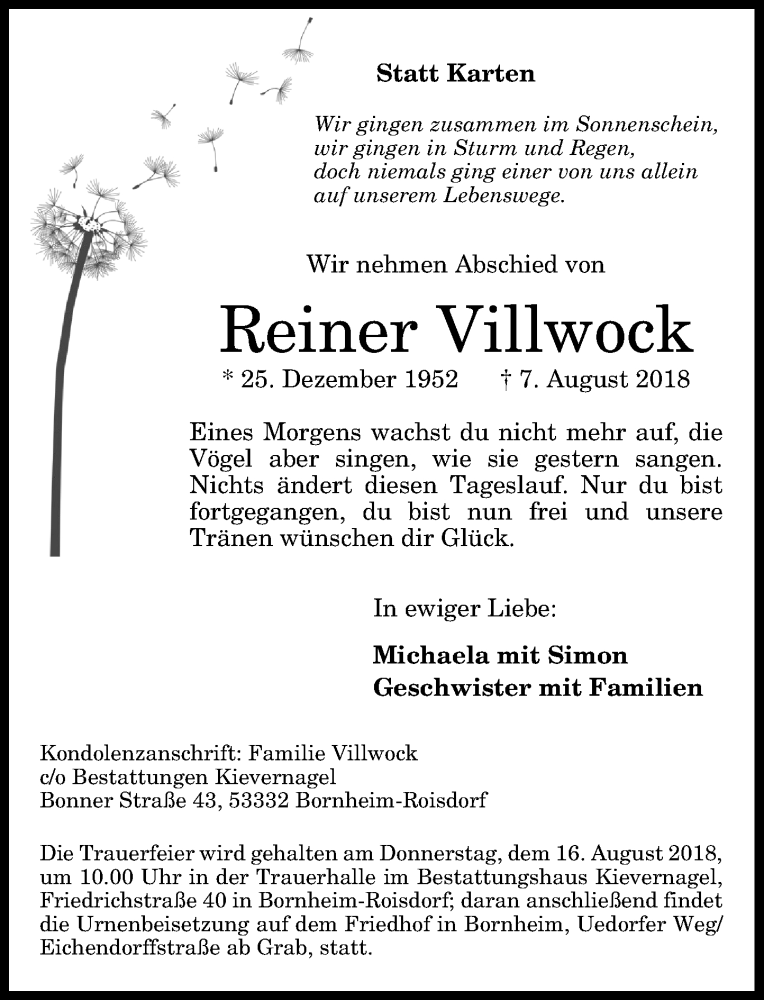  Traueranzeige für Reiner Villwock vom 11.08.2018 aus General-Anzeiger Bonn