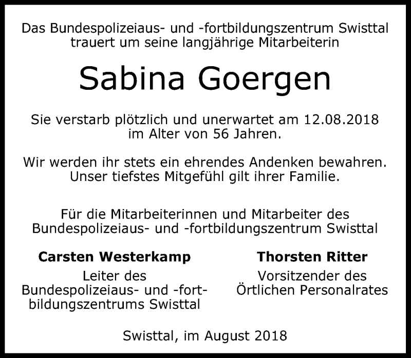  Traueranzeige für Sabina Goergen vom 18.08.2018 aus General-Anzeiger Bonn