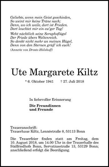 Anzeige von Ute Margarete Kiltz von General-Anzeiger Bonn