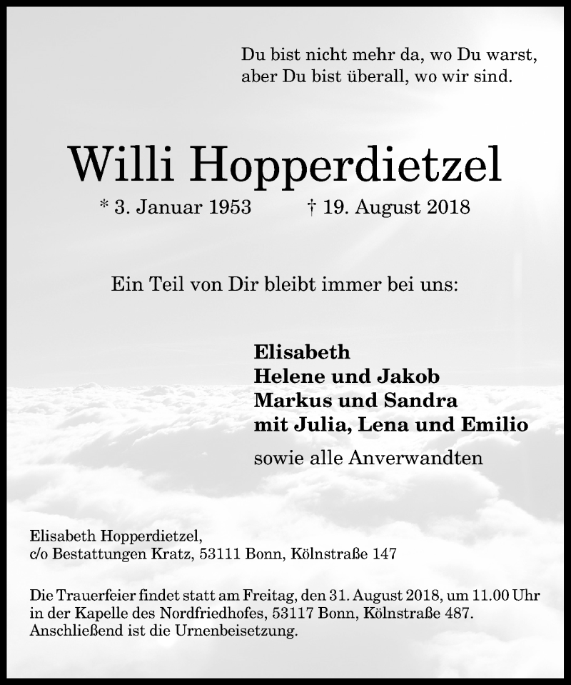  Traueranzeige für Willi Hopperdietzel vom 25.08.2018 aus General-Anzeiger Bonn