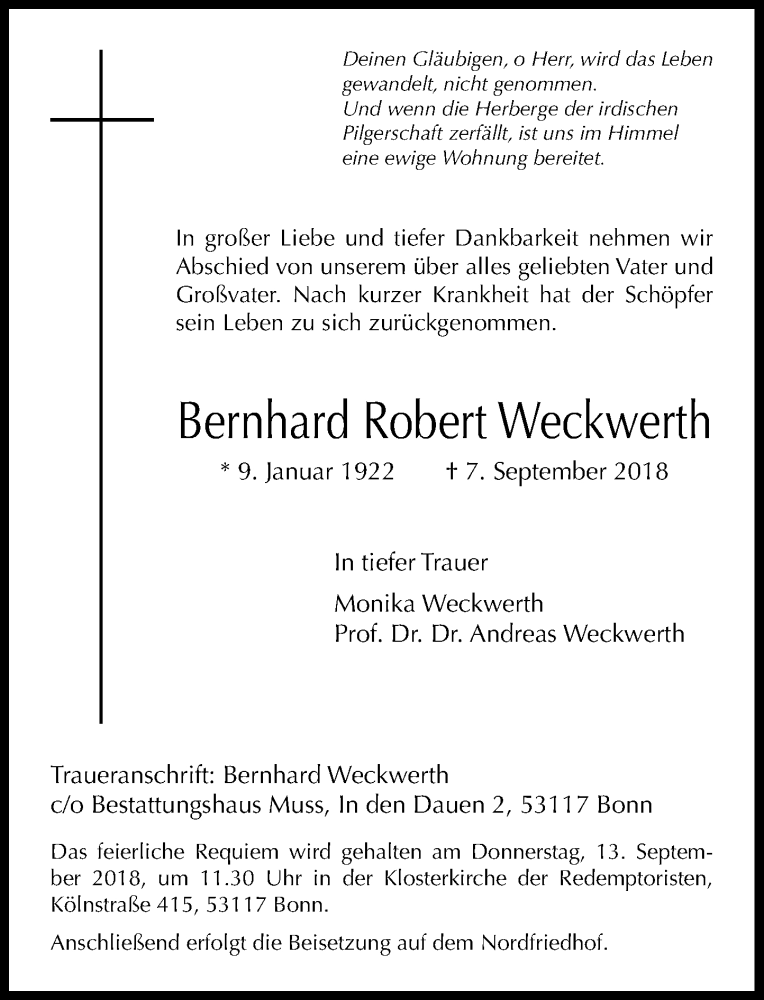 Traueranzeige für Bernhard Robert Weckwerth vom 08.09.2018 aus General-Anzeiger Bonn