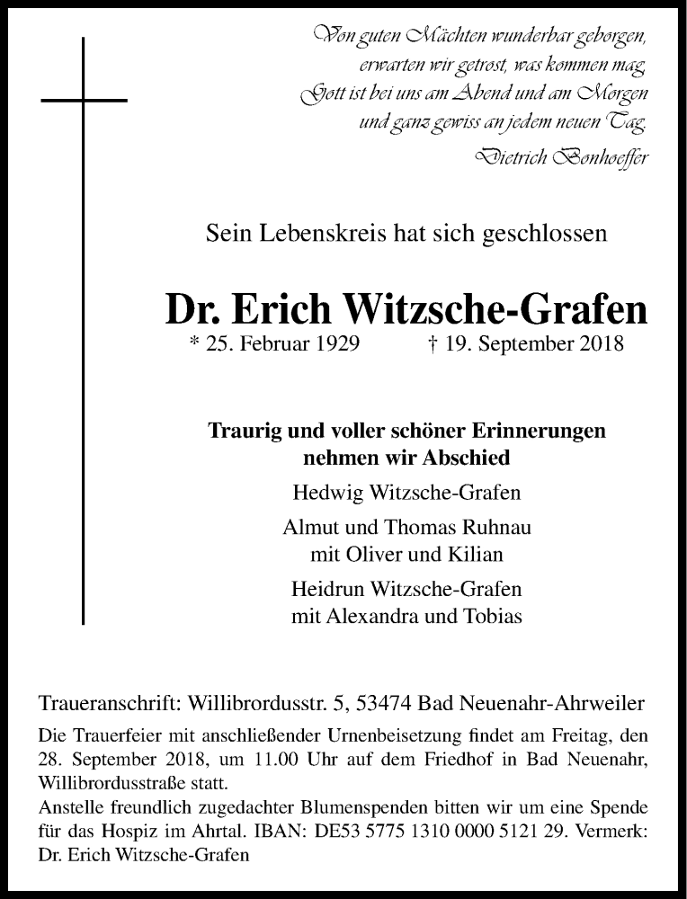  Traueranzeige für Erich Witzsche-Grafen vom 22.09.2018 aus General-Anzeiger Bonn