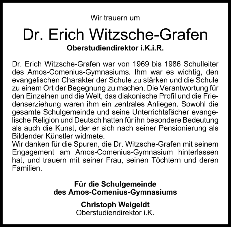  Traueranzeige für Erich Witzsche-Grafen vom 26.09.2018 aus General-Anzeiger Bonn