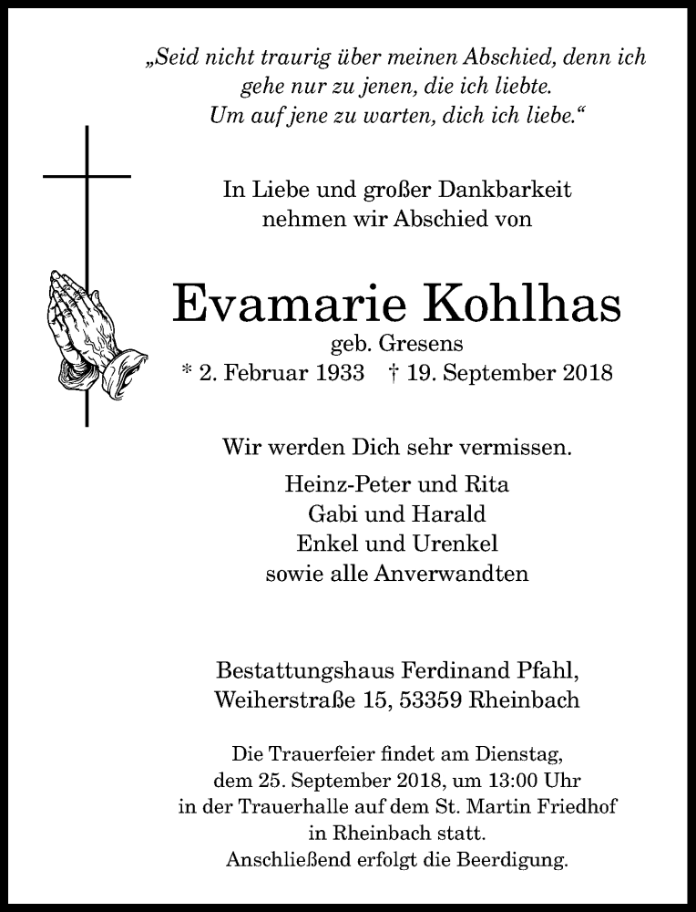  Traueranzeige für Evamarie Kohlhas vom 22.09.2018 aus General-Anzeiger Bonn