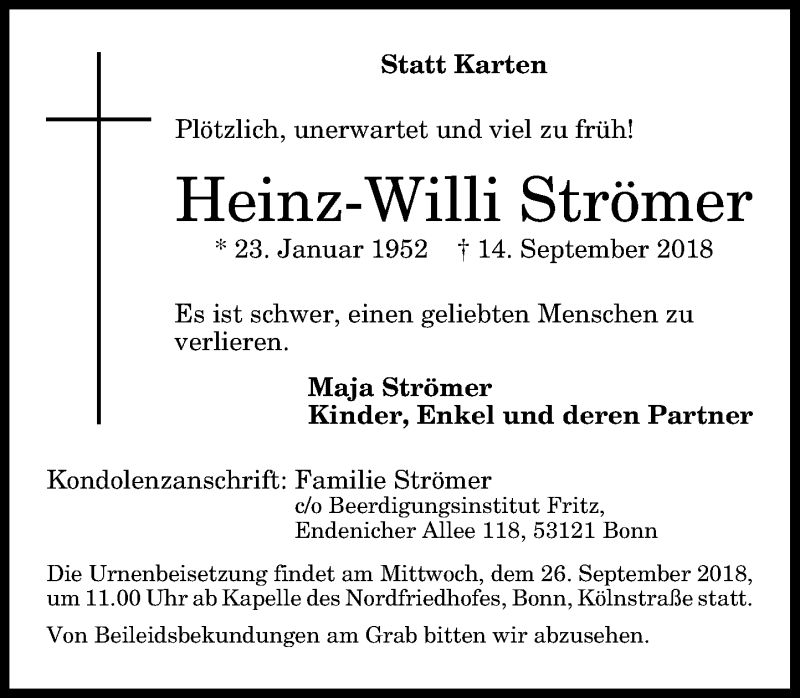  Traueranzeige für Heinz-Willi Strömer vom 22.09.2018 aus General-Anzeiger Bonn