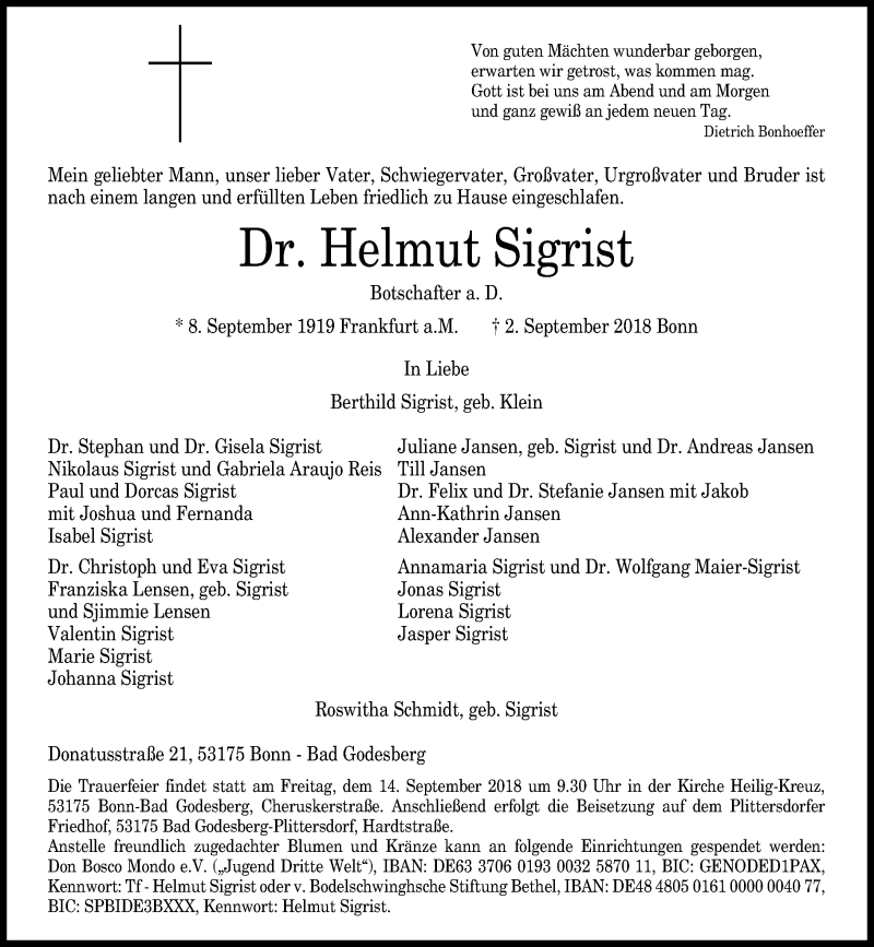  Traueranzeige für Helmut Sigrist vom 08.09.2018 aus General-Anzeiger Bonn