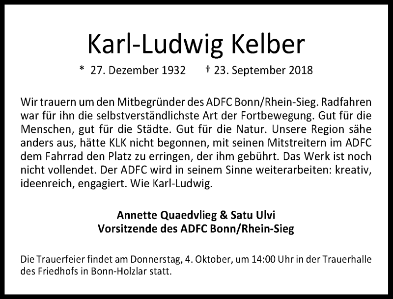  Traueranzeige für Karl-Ludwig Kelber vom 29.09.2018 aus General-Anzeiger Bonn