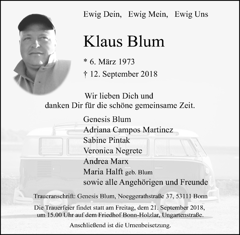  Traueranzeige für Klaus Blum vom 19.09.2018 aus General-Anzeiger Bonn