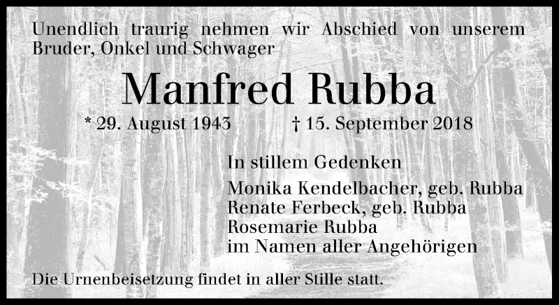  Traueranzeige für Manfred Rubba vom 26.09.2018 aus General-Anzeiger Bonn