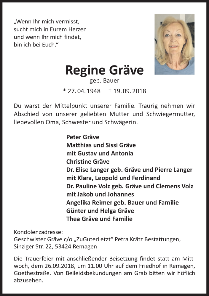  Traueranzeige für Regine Gräve vom 22.09.2018 aus General-Anzeiger Bonn