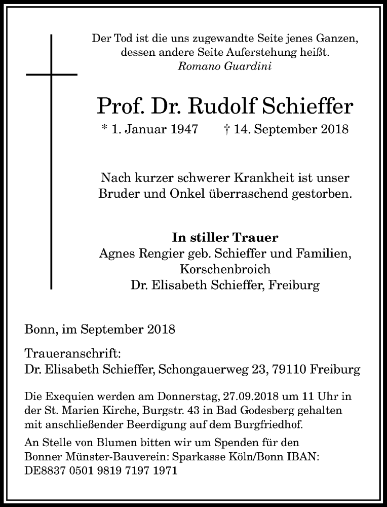  Traueranzeige für Rudolf Schieffer vom 21.09.2018 aus General-Anzeiger Bonn