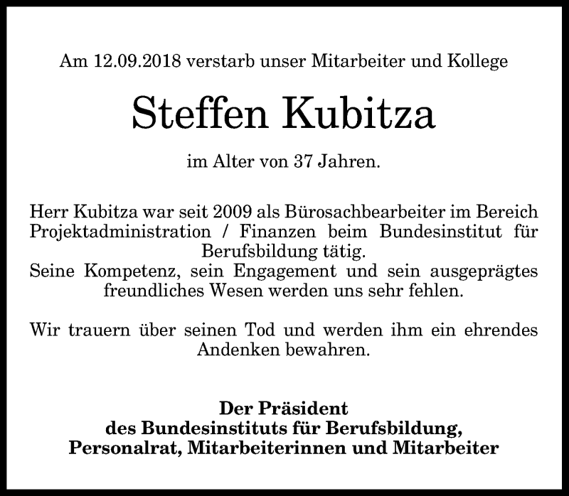  Traueranzeige für Steffen Kubitza vom 22.09.2018 aus General-Anzeiger Bonn