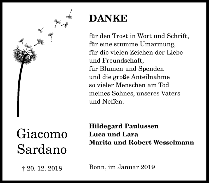  Traueranzeige für Giacomo Sardano vom 26.01.2019 aus General-Anzeiger Bonn