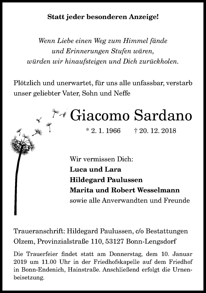  Traueranzeige für Giacomo Sardano vom 05.01.2019 aus General-Anzeiger Bonn