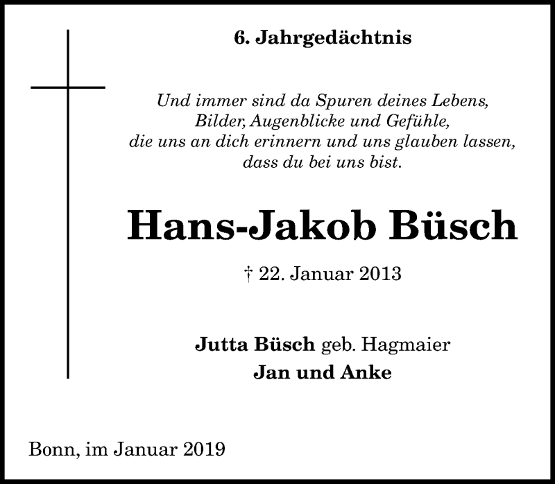  Traueranzeige für Hans-Jakob Büsch vom 23.01.2019 aus General-Anzeiger Bonn
