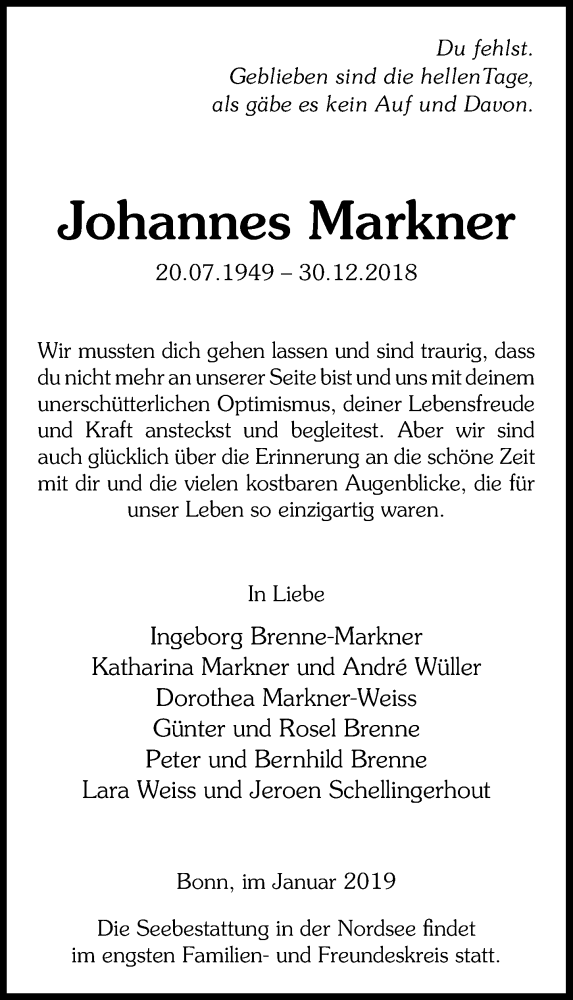  Traueranzeige für Johannes Markner vom 05.01.2019 aus General-Anzeiger Bonn